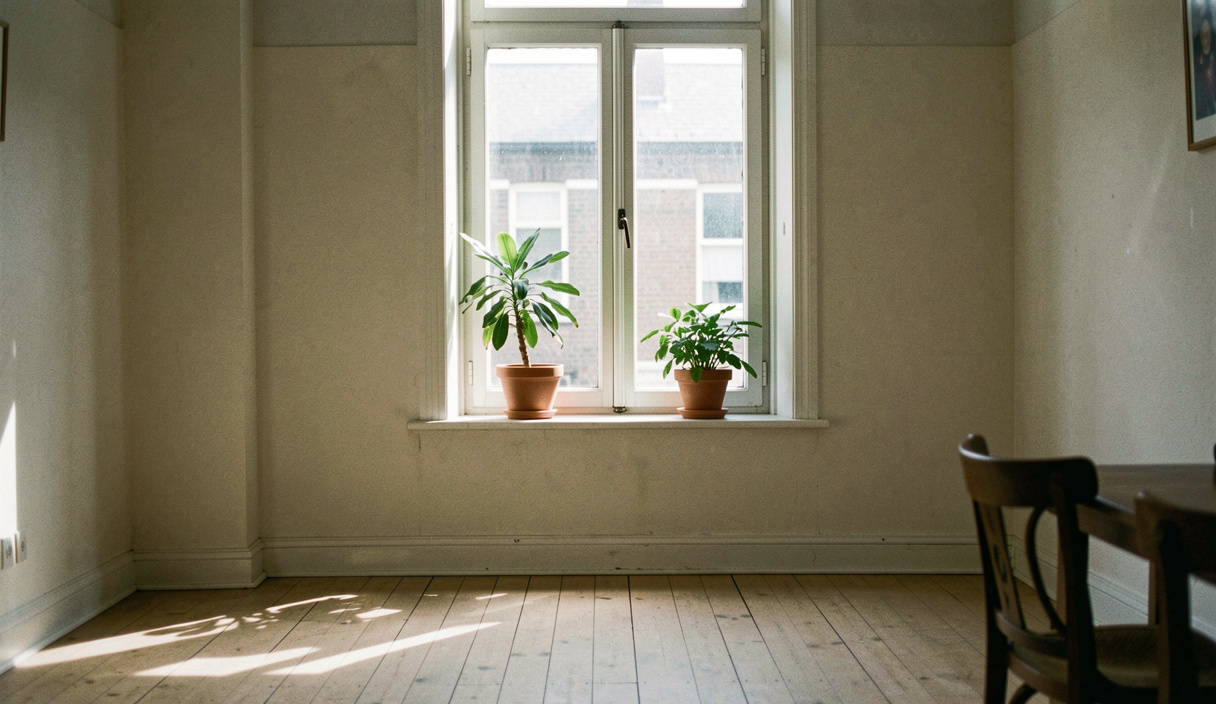 A tall sash window in a flat with two potted plants on the sill, light falling across bare floorboards and a chair at the edge of the frame