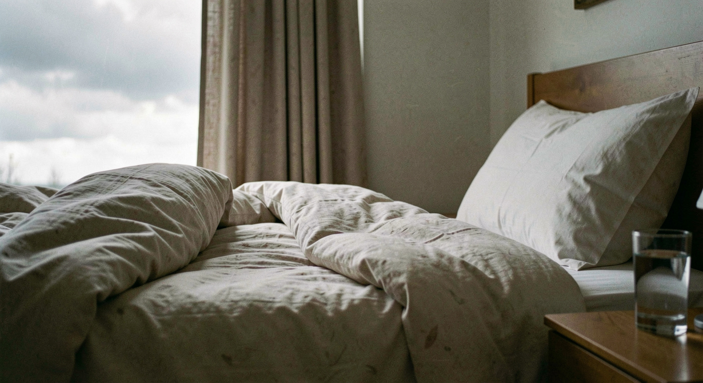 A bed with the duvet pulled roughly straight and one pillow set upright, a bedside table with a glass of water, curtains open onto a grey sky