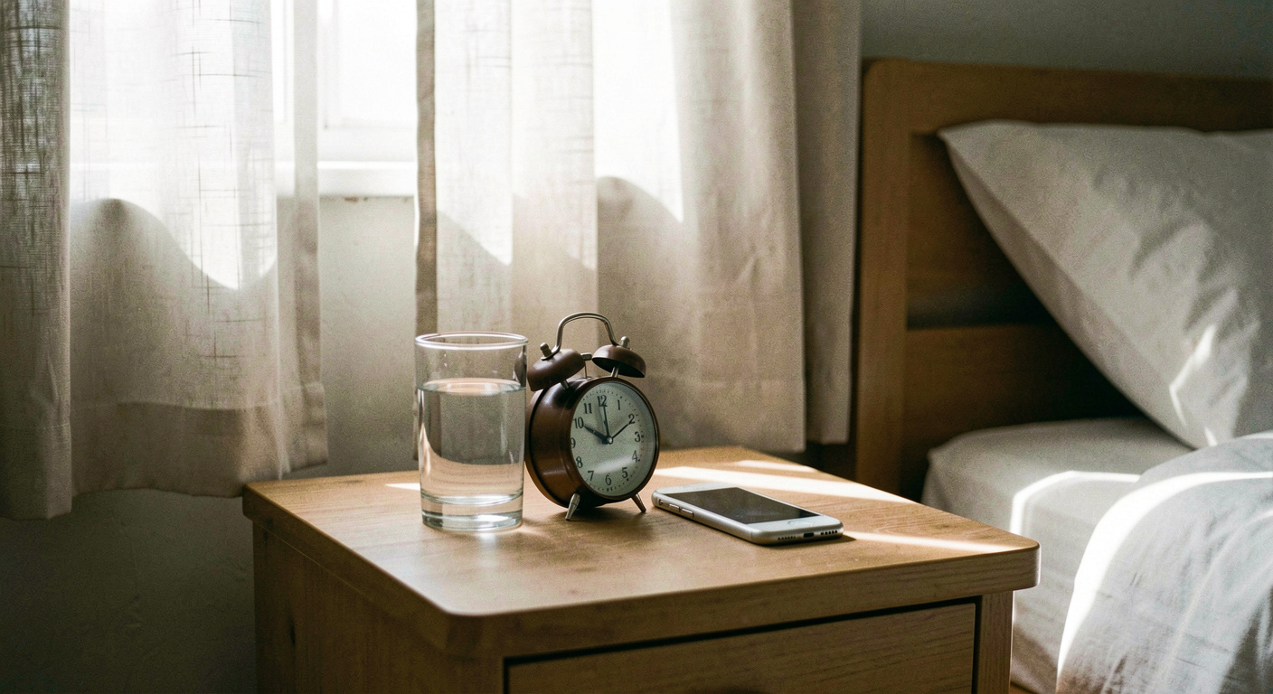 A bedside table on a Saturday morning with a small alarm clock, a glass of water and a phone face down, daylight coming through a gap in the curtains