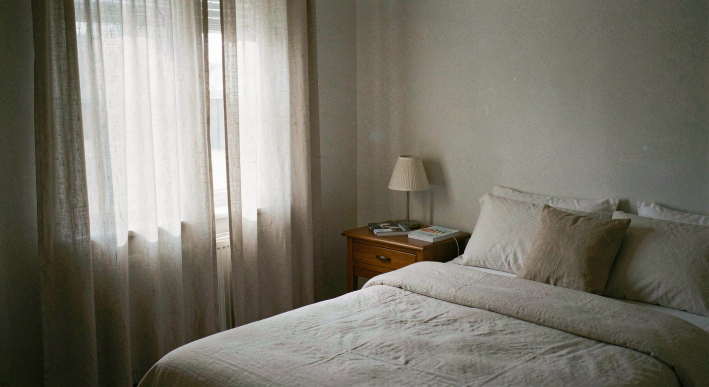 A quiet bedroom with linen curtains half drawn, a made bed, and a bedside table holding a small lamp and a folded pair of glasses
