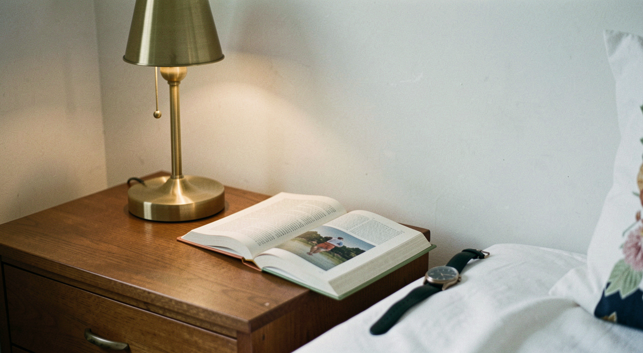 A small brass bedside lamp switched on beside an open paperback and a wristwatch lying face down on a wooden nightstand