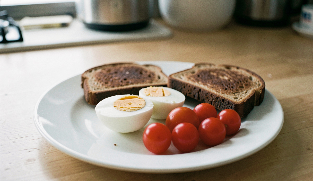 A plain white plate on a kitchen table holding a boiled egg cut in half, two slices of dark toast and a handful of cherry tomatoes, morning light from the left