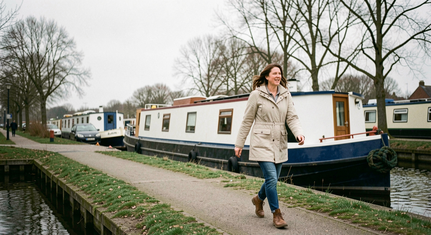 A woman walking quickly along a canal towpath in a light jacket, a narrowboat and bare trees behind her under a flat grey sky