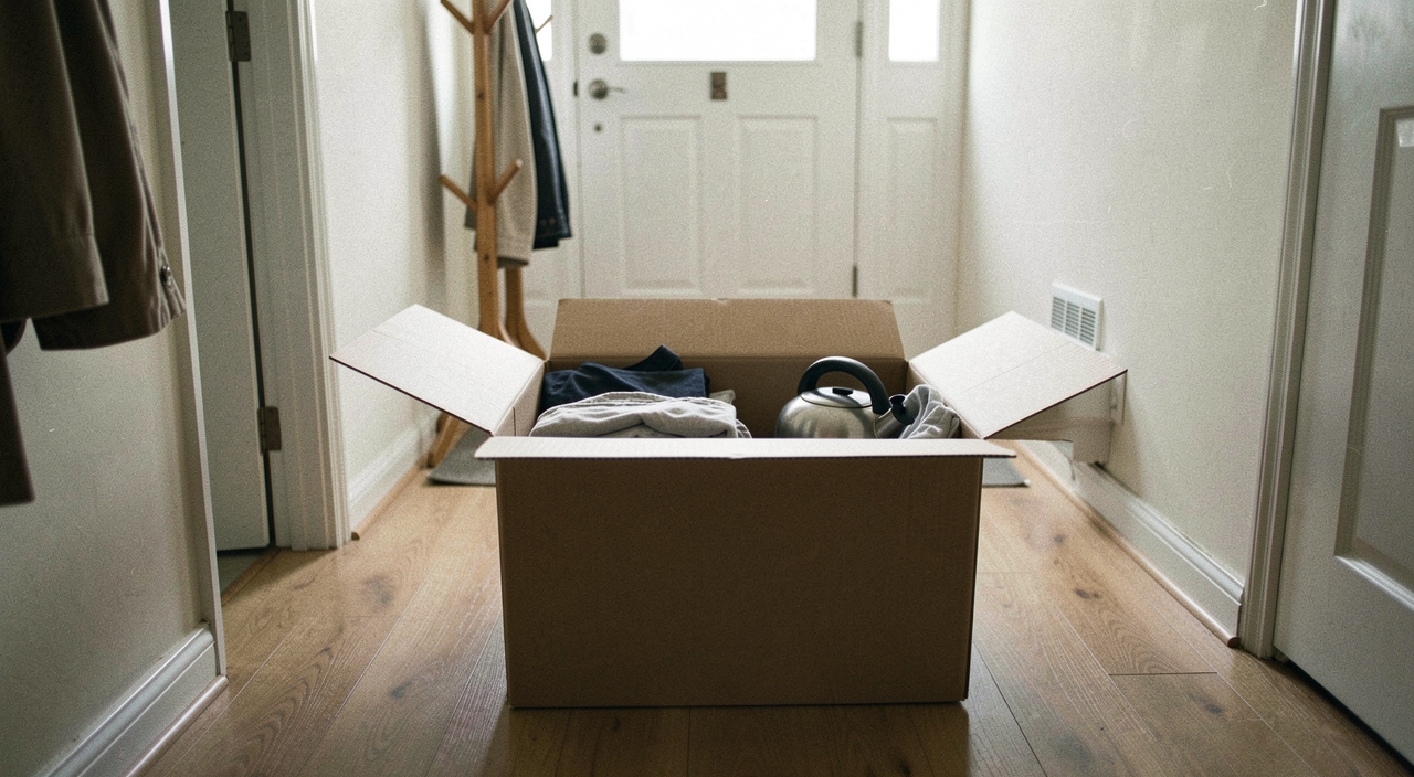 A plain cardboard box sitting open in a hallway with a few folded clothes and a kettle inside it, a coat rack and a front door behind