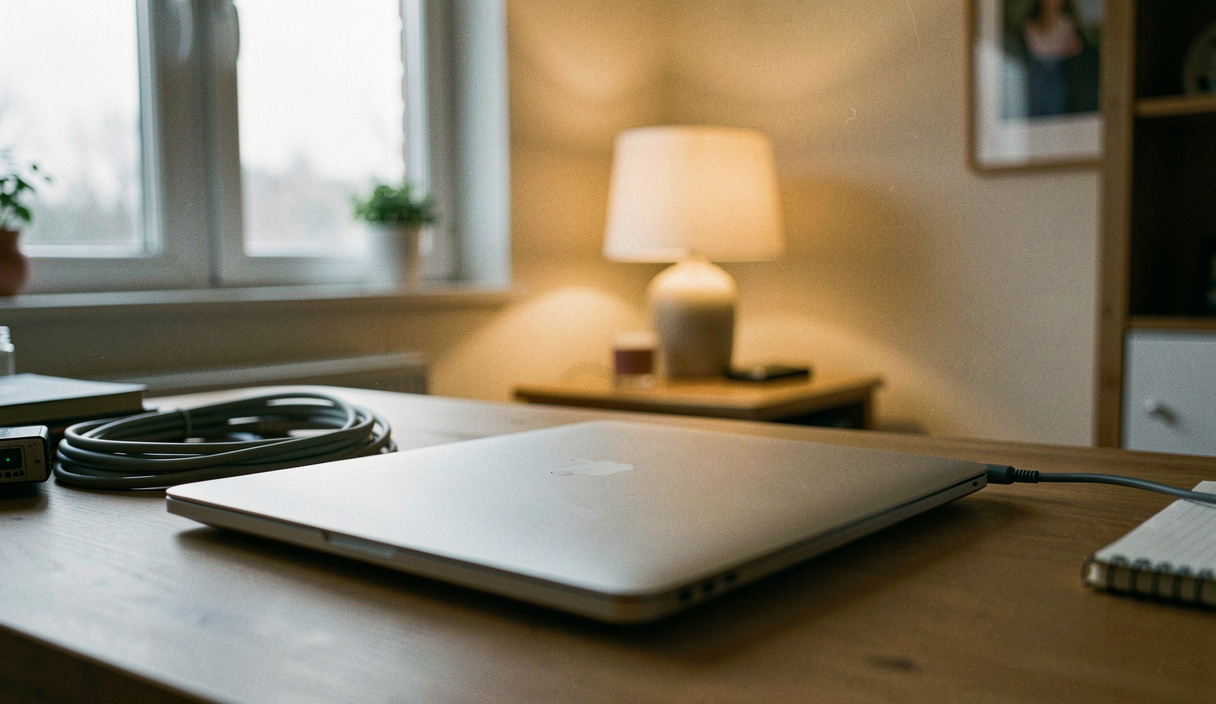 A closed laptop on a home desk in the evening with a cable coiled beside it and a chair pushed in, one lamp lit at the far side of the room