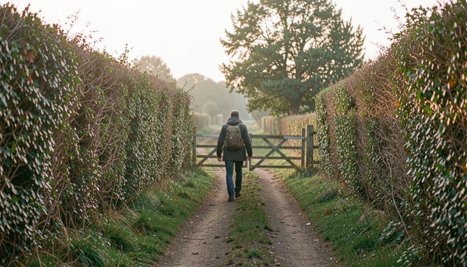 A narrow country lane between tall hedgerows in soft morning light, a lone walker with a small daypack seen from behind, a wooden field gate further along
