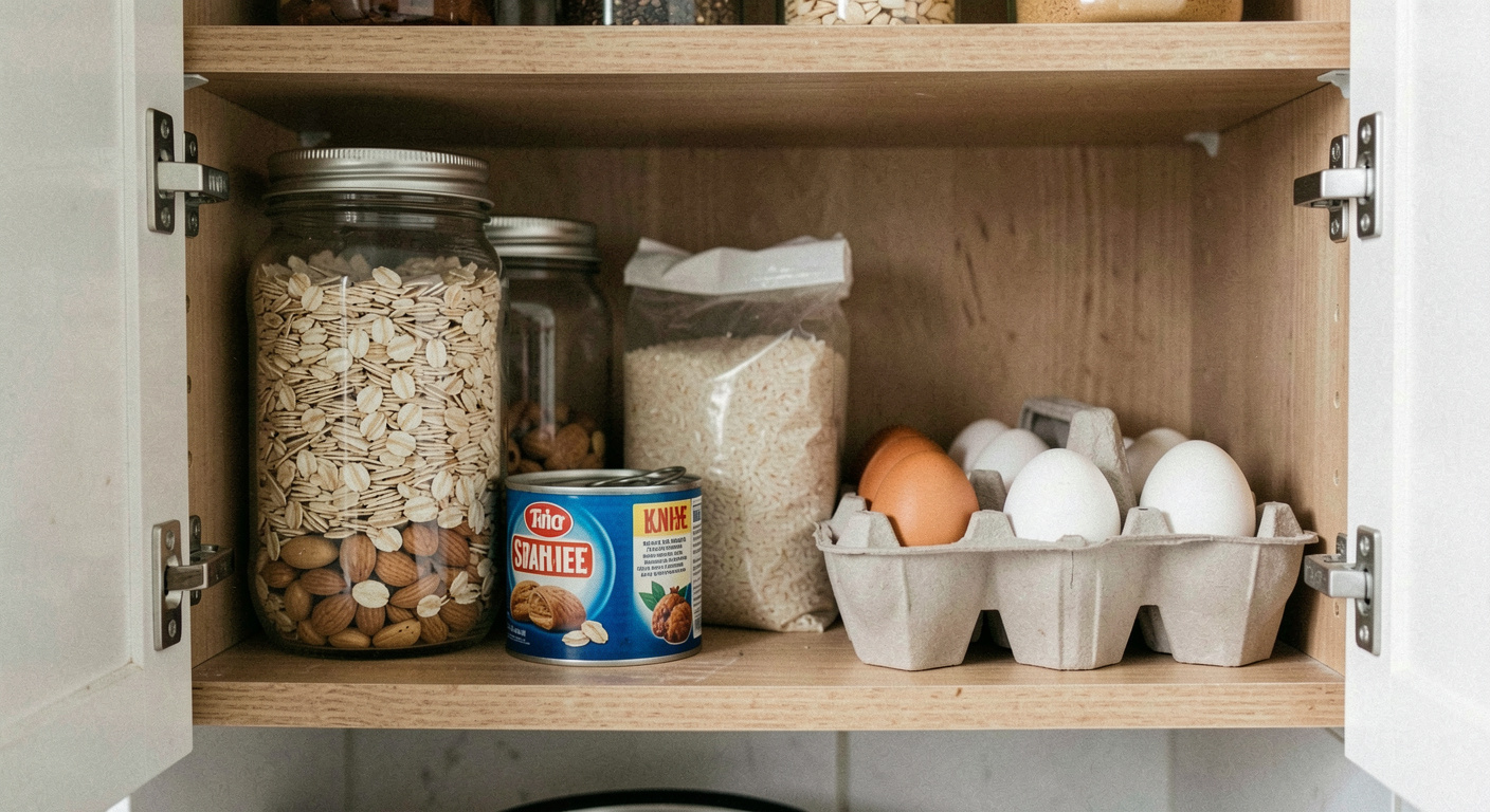 An open kitchen cupboard shelf with glass jars of oats and nuts, a tin of sardines, a bag of rice and a box of eggs stacked neatly at eye level