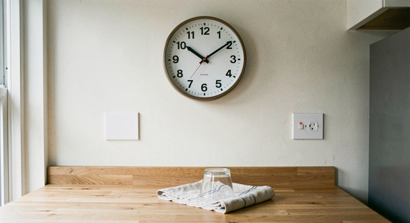 A plain kitchen wall clock reading just past nine, a cleared worktop below it with a single glass drying on a folded tea towel
