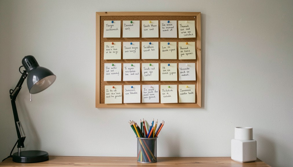 A worn wooden desk by a window in late afternoon light, a Marseille tarot spread of five cards arranged in a cross, an open notebook with handwritten notes and a pencil beside it, framed.