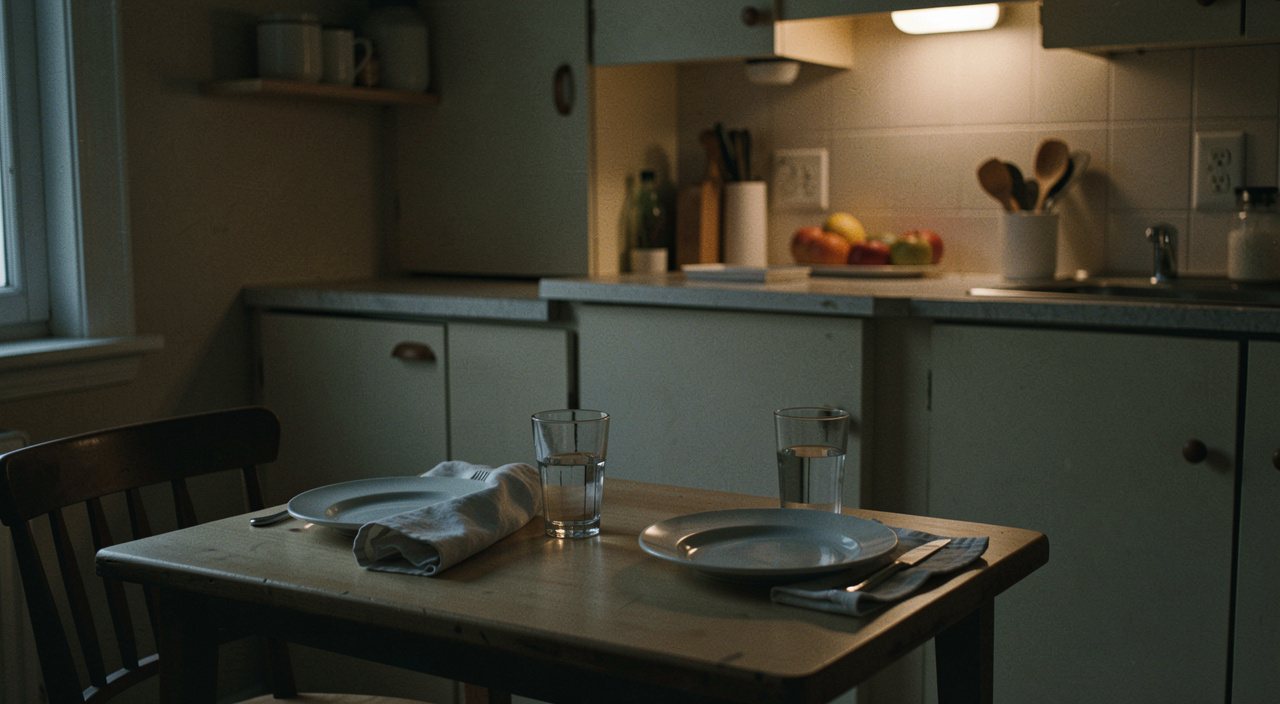 A small kitchen table laid the night before with two plates, two glasses and a folded cloth, the room dark except for a lamp over the counter