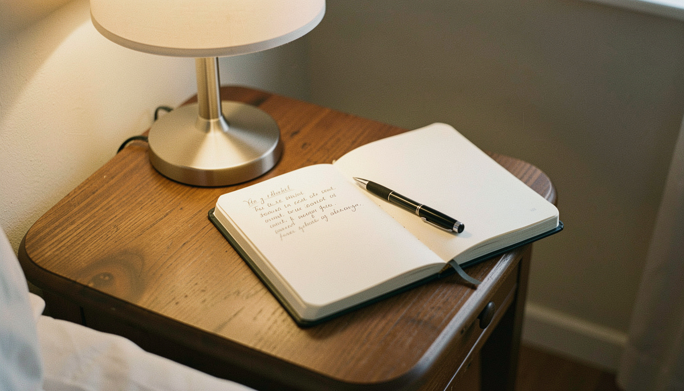 A small hardback notebook open on a side table under a warm lamp, a few lines of handwriting on the page and a pen lying diagonally across it