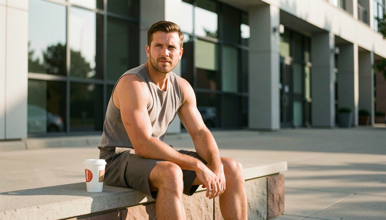 A man in shirtsleeves sitting on a low wall outside an office building in mid afternoon sun, a paper cup beside him