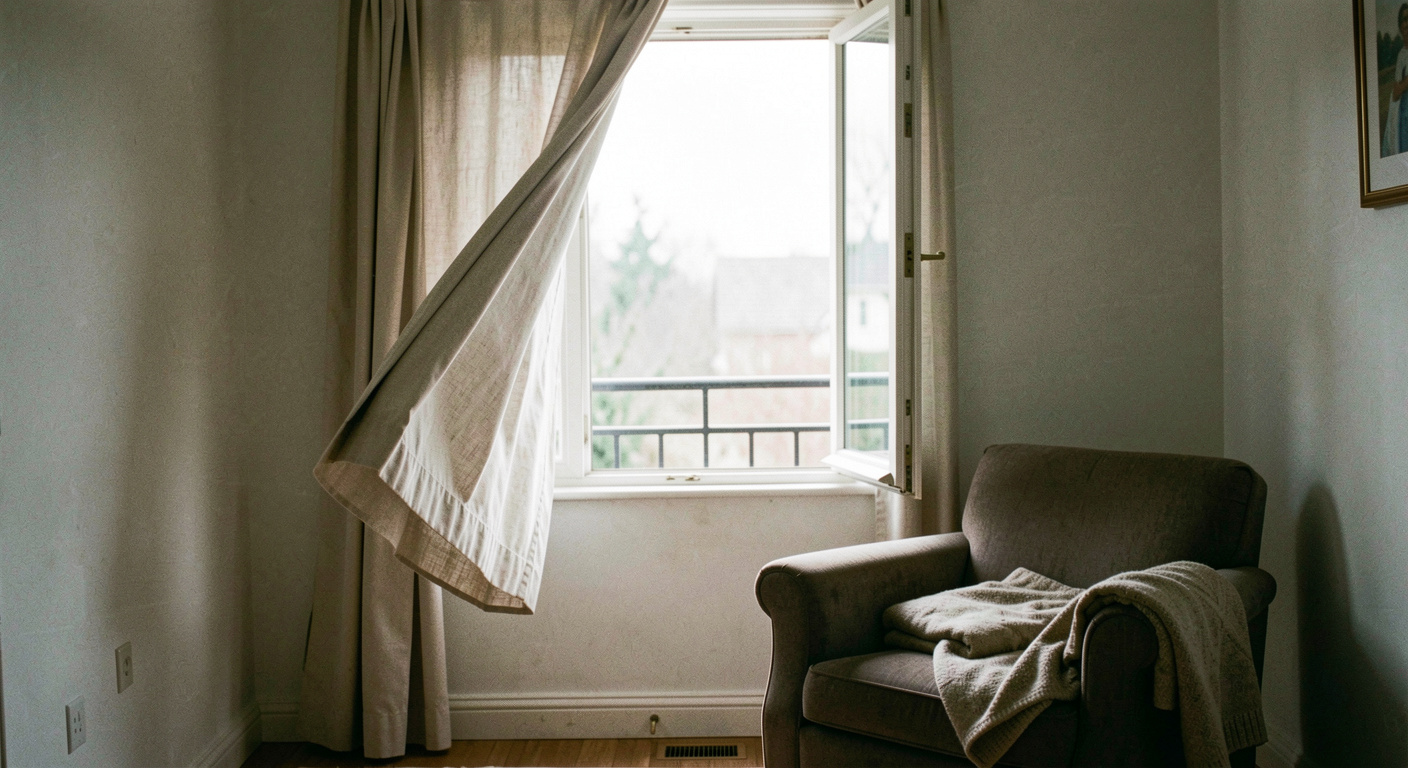 A living room with a window pushed wide open, a curtain lifting in the draught, a low armchair and a folded blanket