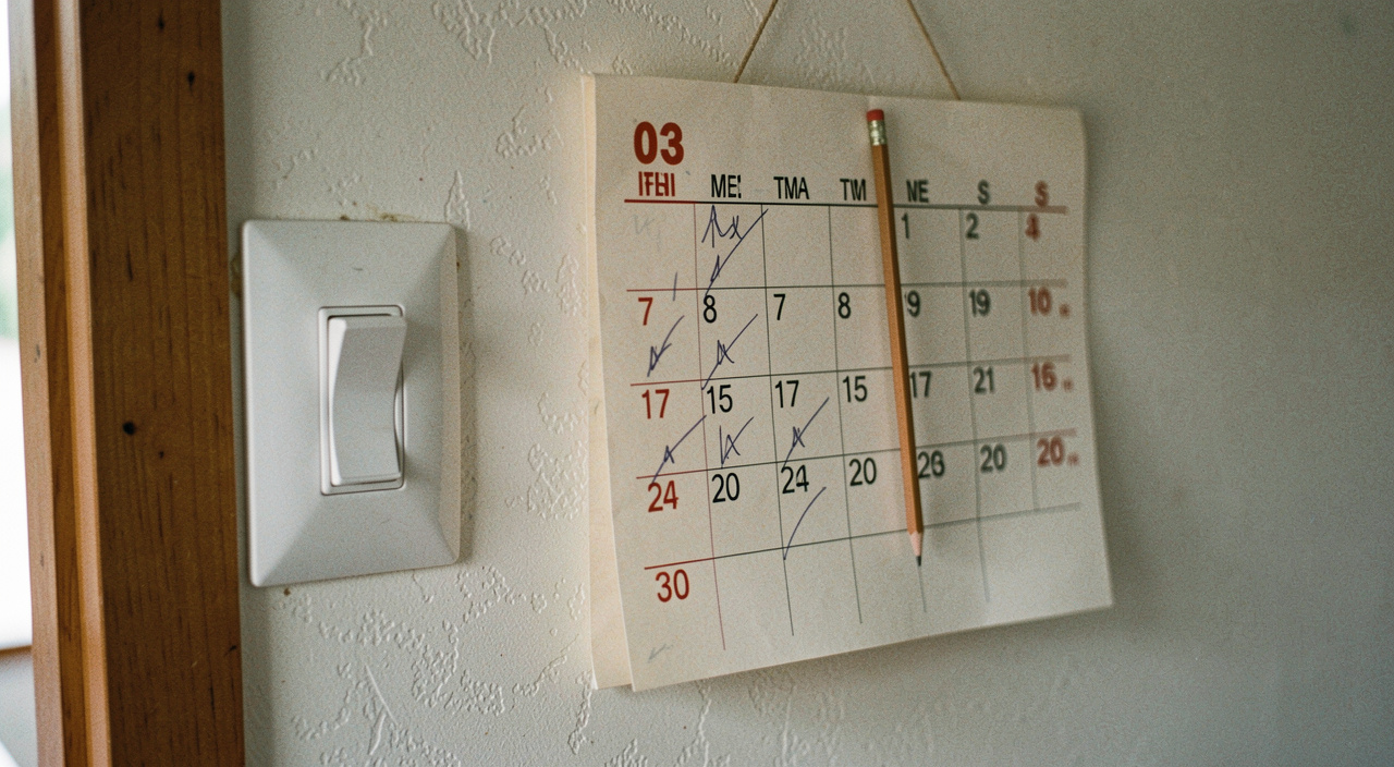 A paper wall calendar hanging beside a light switch with pencil ticks on several days of the month, a stub of pencil hanging on a string