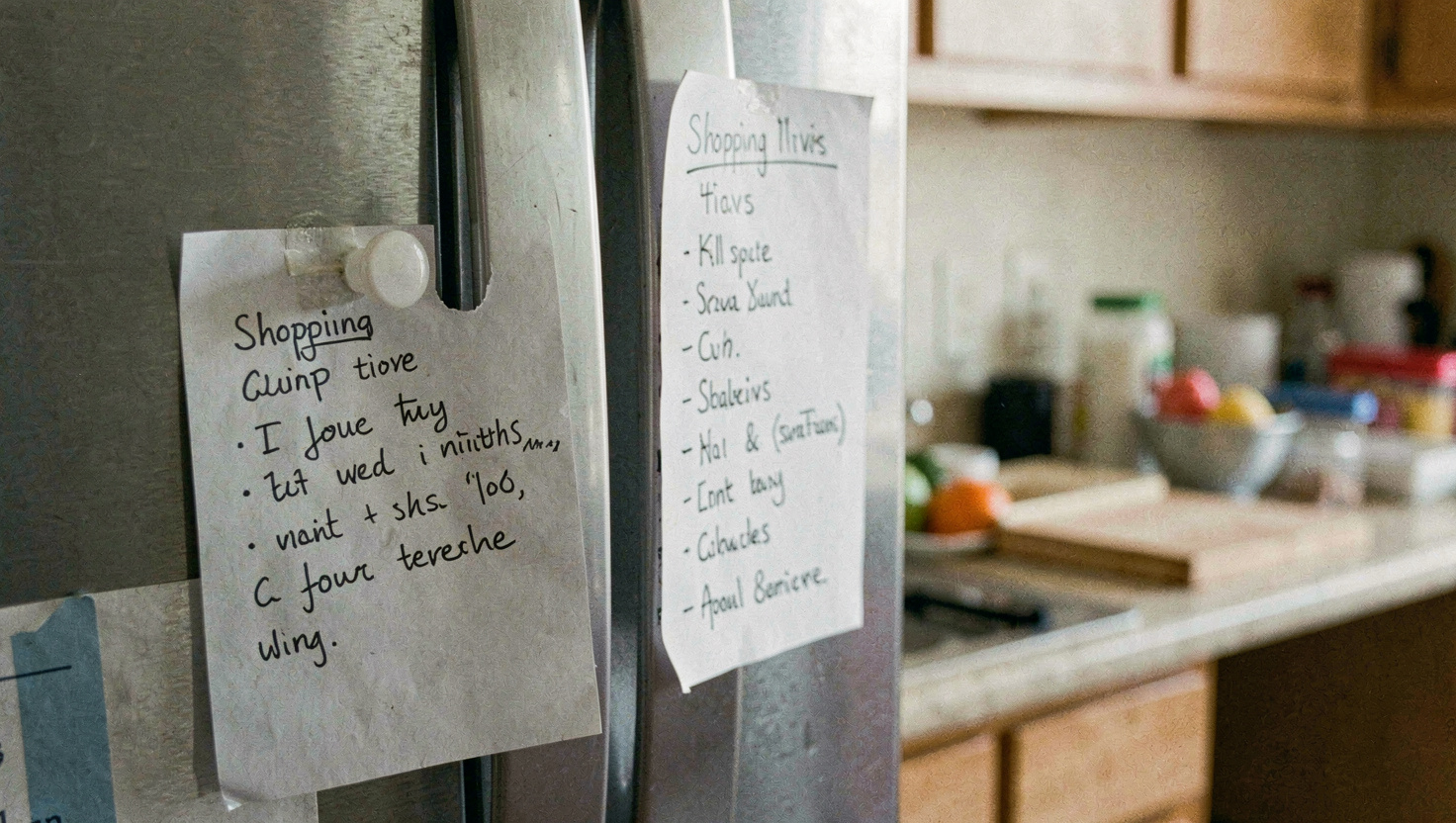 A handwritten note held to a fridge door by a magnet, a shopping list beside it and a kitchen worktop out of focus behind