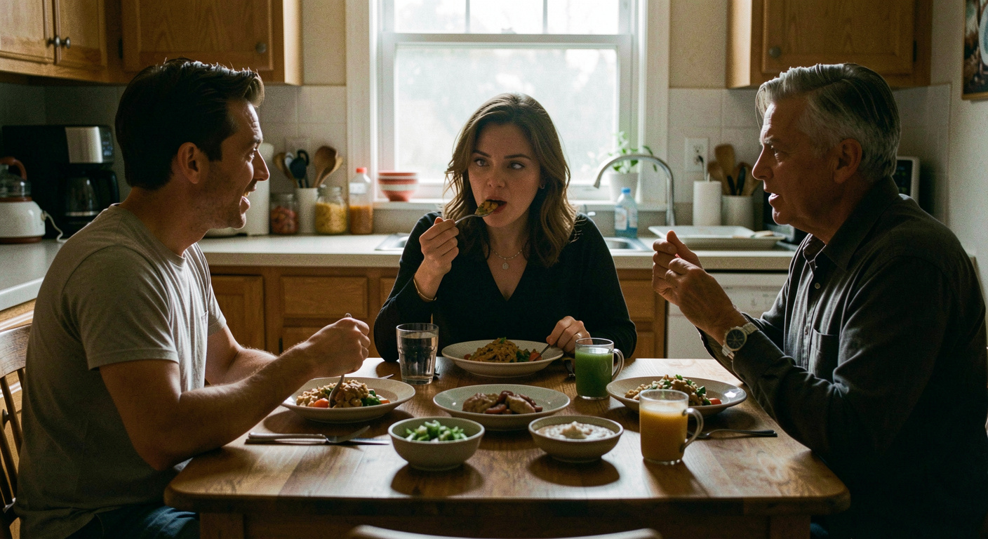Three people around a small kitchen table mid meal, dishes in the centre, one of them talking with a fork in hand, evening light through a window