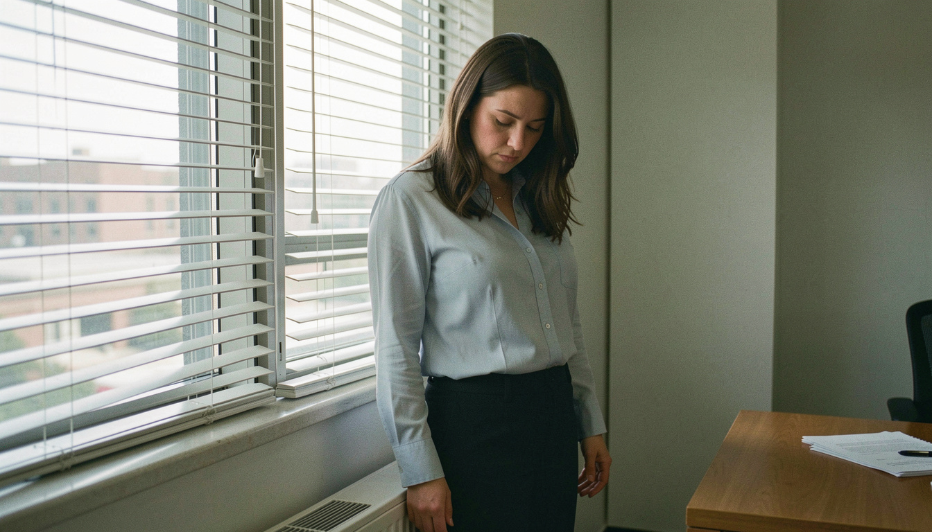 A woman standing at an office window with her shoulders visibly dropped and her arms loose at her sides, blinds half open and desks behind her