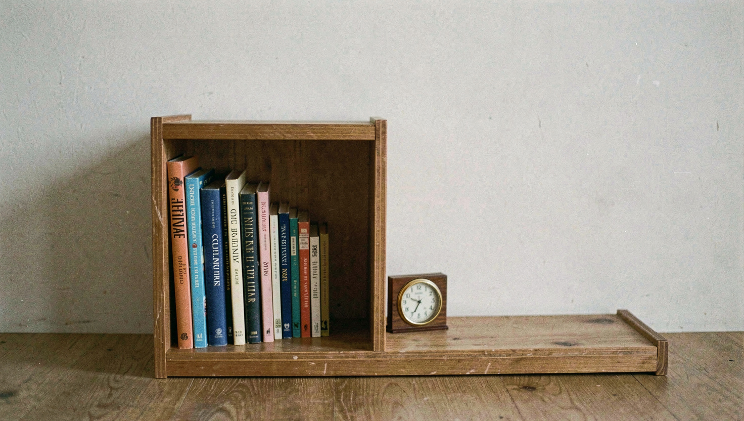 A single wooden bookshelf with books stood upright at one end, a small clock and an empty space at the other, a bare wall above it