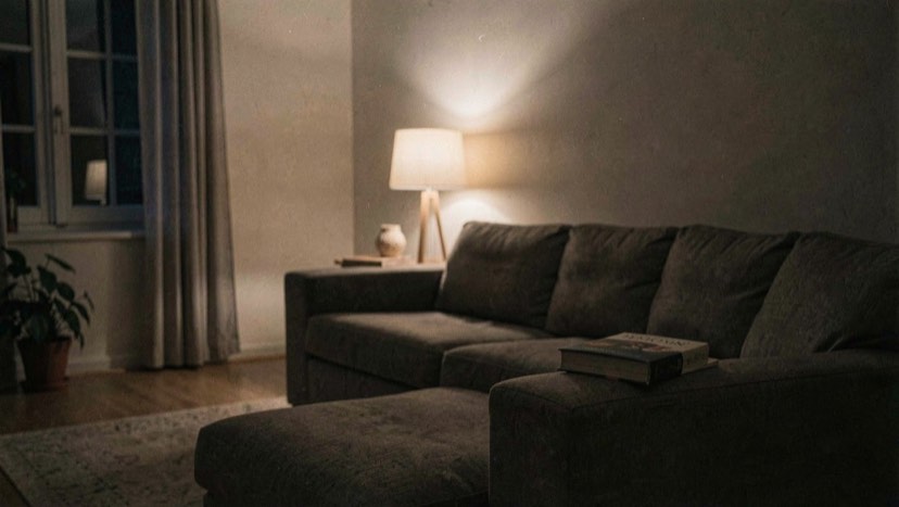 A dim bedroom at dusk with a warm bedside lamp, an open notebook and a folded blanket on the corner of the bed, framed from the doorway.