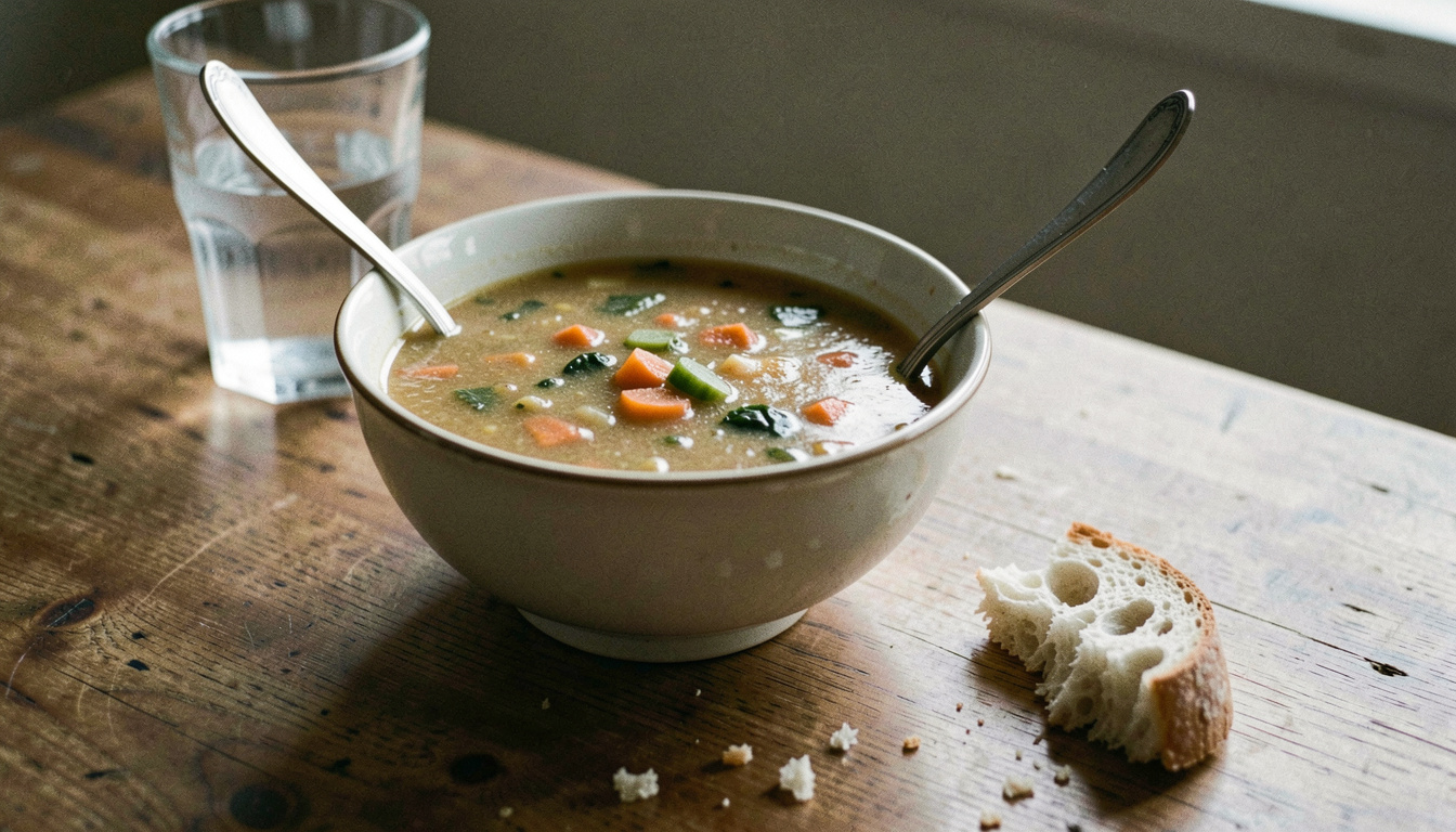 A bowl of thick vegetable soup on a wooden table with a spoon resting against the rim, a torn piece of bread beside it and a glass of water behind