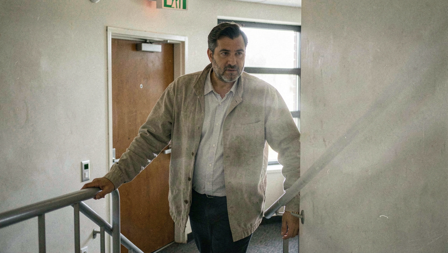 A man standing still on an office stair landing with one hand on the rail, looking at nothing in particular, a fire door and a strip window behind him