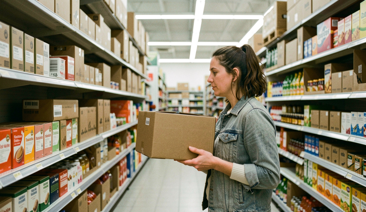 A shopper holding a cardboard packet at arm's length in a supermarket aisle, shelves of boxes stretching away behind, a half full trolley beside her
