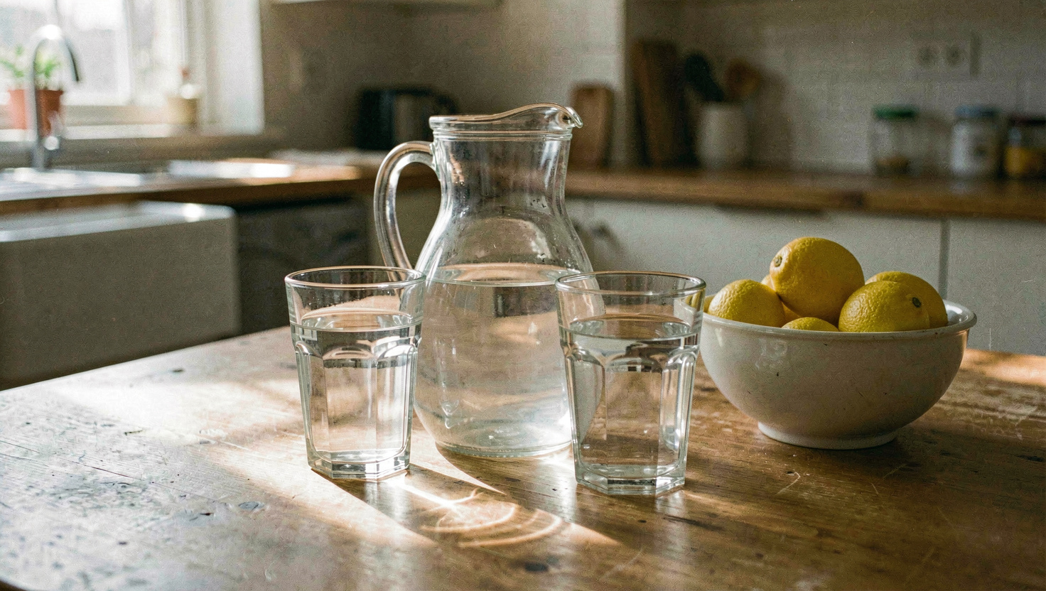 A plain glass jug of water and two tumblers standing in the middle of a kitchen table beside a bowl of lemons, late morning light across the wood