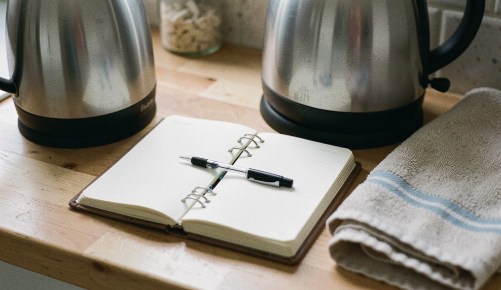 A kitchen table in the late afternoon, a folded appointment letter from a regional health service next to a phone with a saved contact, low window light from the left, close framing on the.